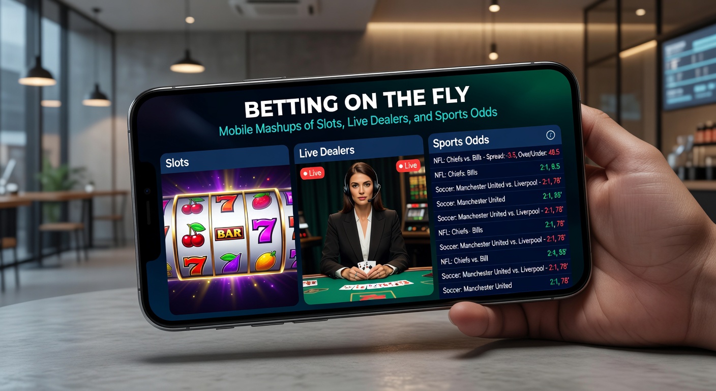Benutzer fingert auf Tablet durch eine App mit Live-Fußballquoten, daneben ein Live-Roulette-Rad und bunte Slot-Symbole, unter beleuchtetem Stadionhimmel